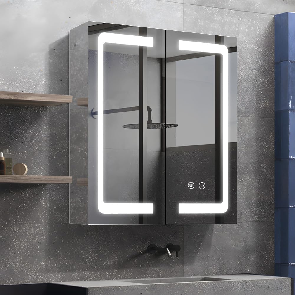 KAASUNES 61X71 cm Mirror Cabinet, Stainless Steel,Tempered Glass, 3-Color Dimmable Lighting, Anti-Fog, Soft-Close Hinges, Adjustable Tempered Shelf, USB Shaver Socket, Interior Auto Light