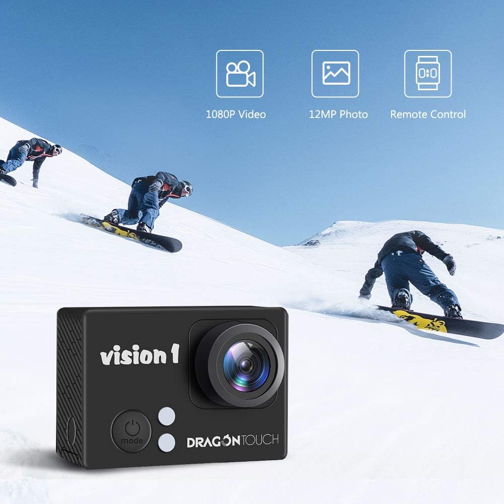 Dragon Touch 1080P Action Camera 12MP Underwater Waterproof Camcorder with 2" LCD Screen Remote Control and Mounting Accessories Kits Vision 1