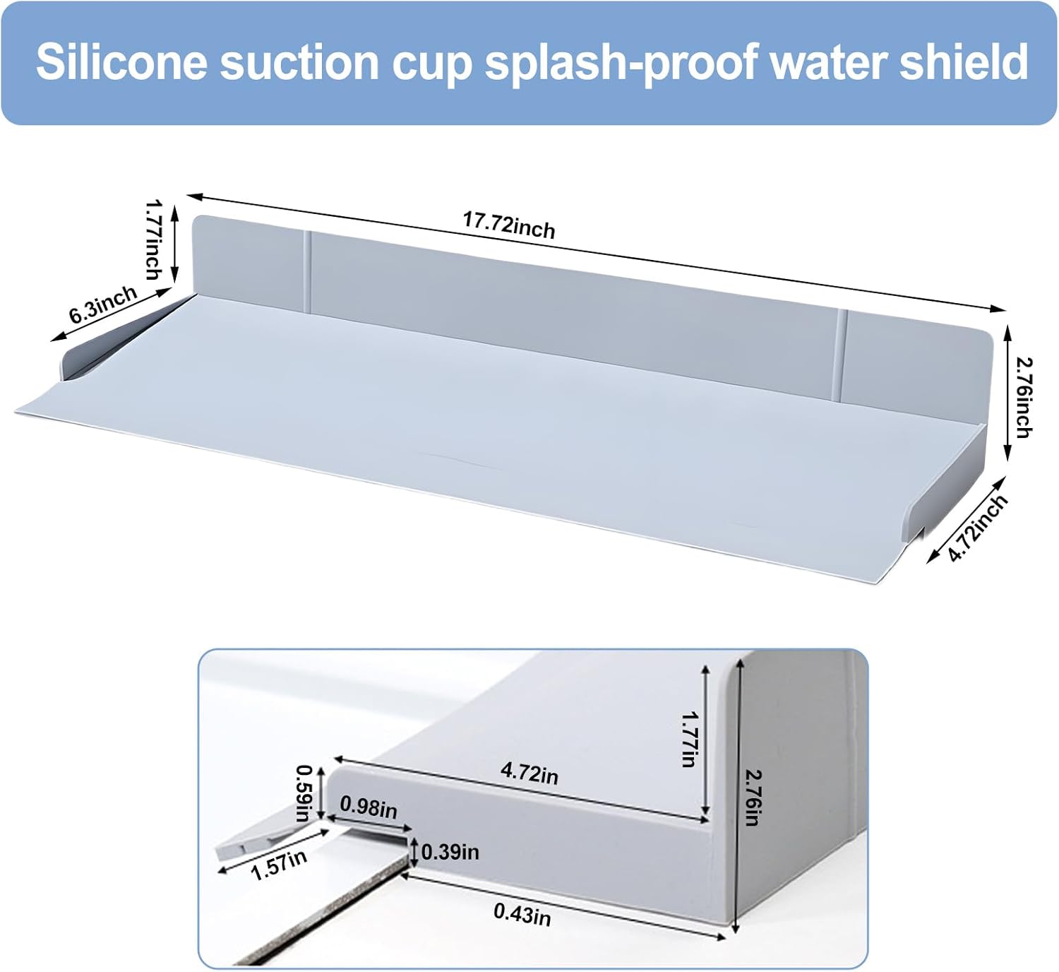 Silicone Sink Splash Guard with Suction Cups, 17.7x2.7 inches, Water Shield for Kitchen, Gray