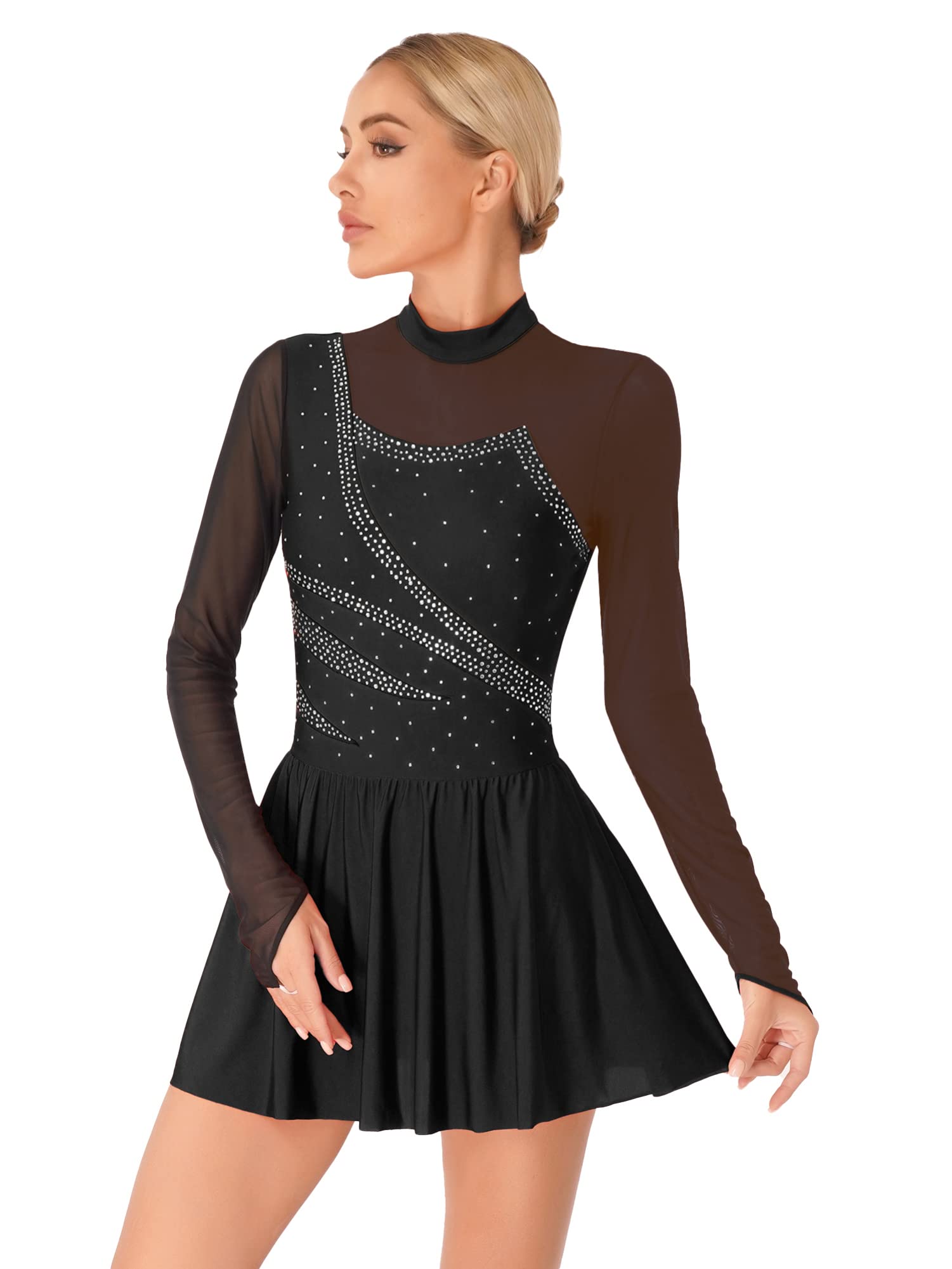 iEFiEL Damen Langarm Ballettkleid Eiskunstlauf Kleid mit Glitzer Kristallen Ballettkleidung Gymnastik Leotard Turnanzug Tanzkostüm