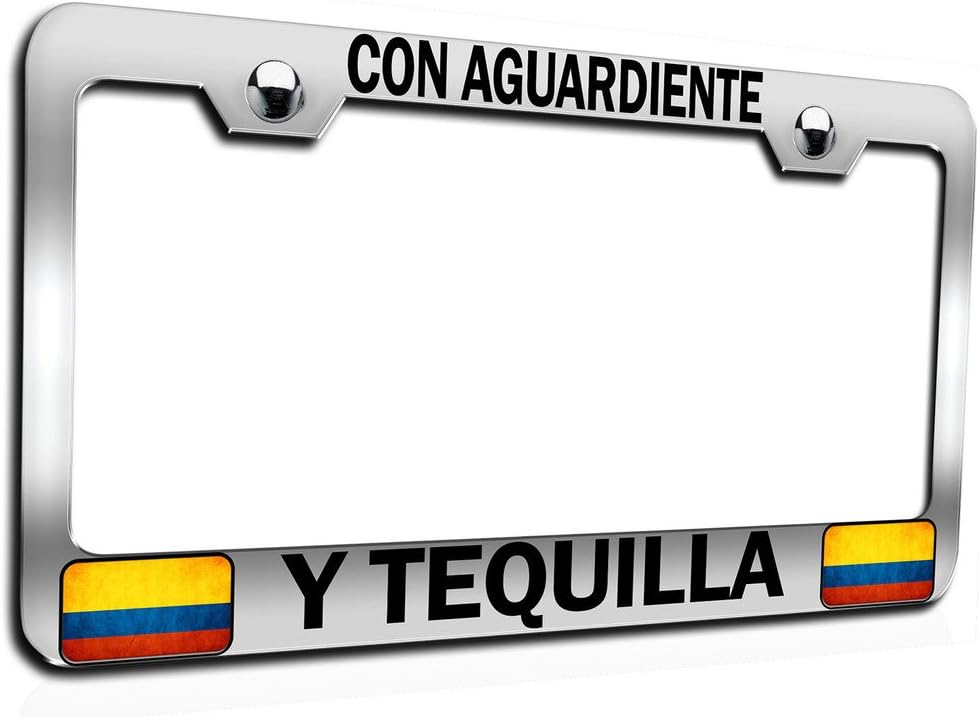 Makoroni - CON Aguardiente Y Tequilla Colombian Ch Steel Auto SUV License Plate Frame, License Tag Holder