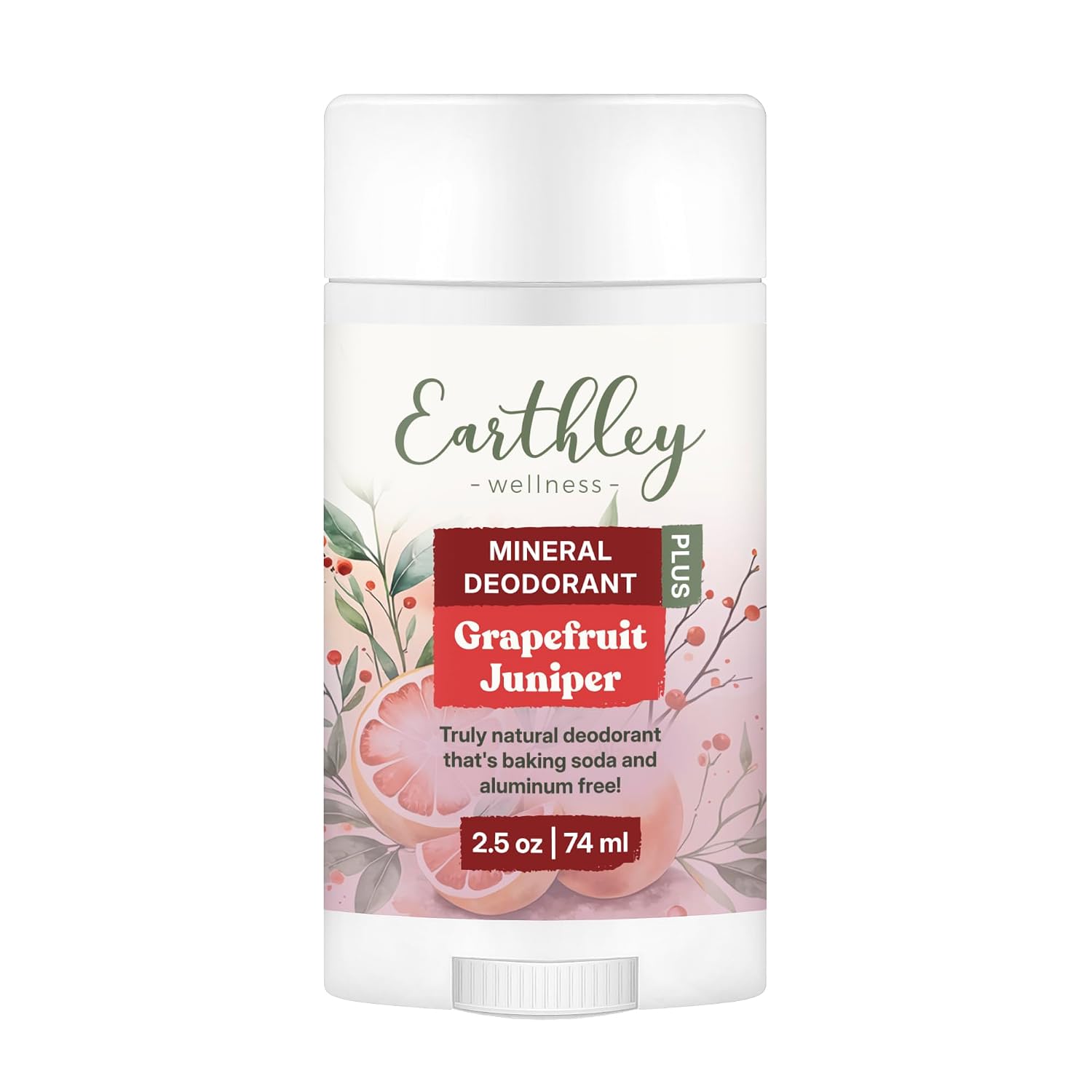 Earthley Wellness Mineral Deodorant PLUS, Natural & Aluminum-Free (2.5oz, Grapefruit-Juniper), Supports Freshness & Skin Health, French Green Clay, Beeswax, Mango Butter, Magnesium