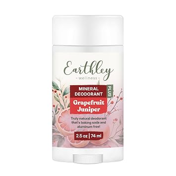 Earthley Wellness Mineral Deodorant PLUS, Natural & Aluminum-Free 2.5oz, Grapefruit-Juniper, Supports Freshness & Skin Health, French Green Clay, Beeswax, Mango Butter, Magnesium