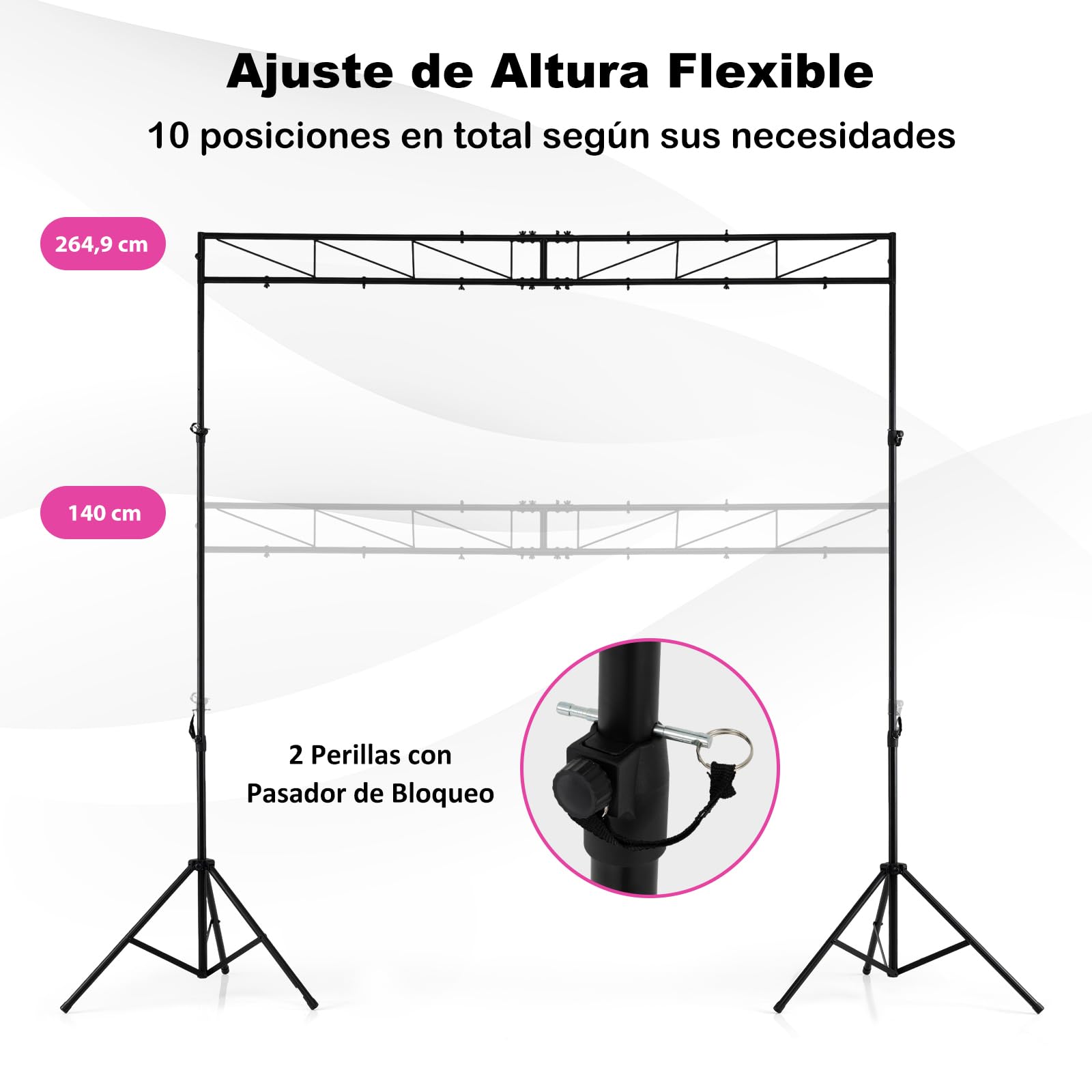 HOMASIS Soporte de Luz Plegable para DJ, para Bandas, Conciertos y Bodas | Soporte de Iluminación Portátil con Altura Ajustable en 10 Niveles, 2 Trípodes Plegables y 12 Puntos de Montaje