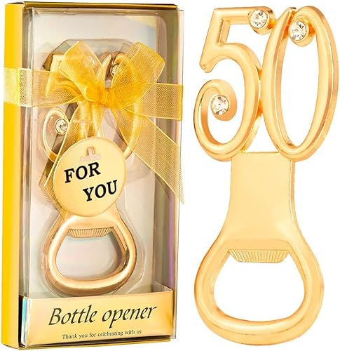 Paquete de 50 abrebotellas dorados de 50 para recuerdos de fiesta de cumpleaños número 50 o regalos de fiesta de aniversario de boda 50, regalos de