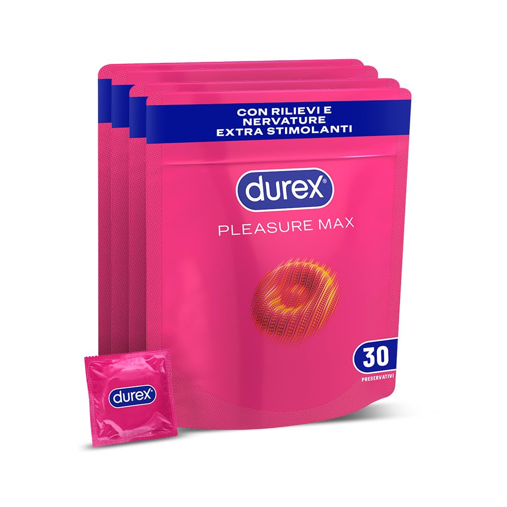 Durex Pleasuremax, Preservativi con Rilievi e Nervature, Formato Convenienza, Confezione Riciclabile Salvaspazio, 120 Profilattici
