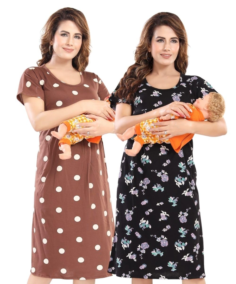 Fambe Women's Knee Length Nursing and Maternity Nighty - Pack of 2-image-31