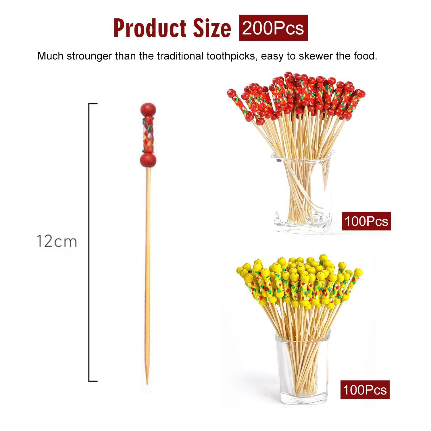 200 Bastoncini Da Cocktail In Bambù Con Perla Oro - Stuzzicadenti Decorativi Per Buffet, Frutta E Bevande, 12 Cm - 3