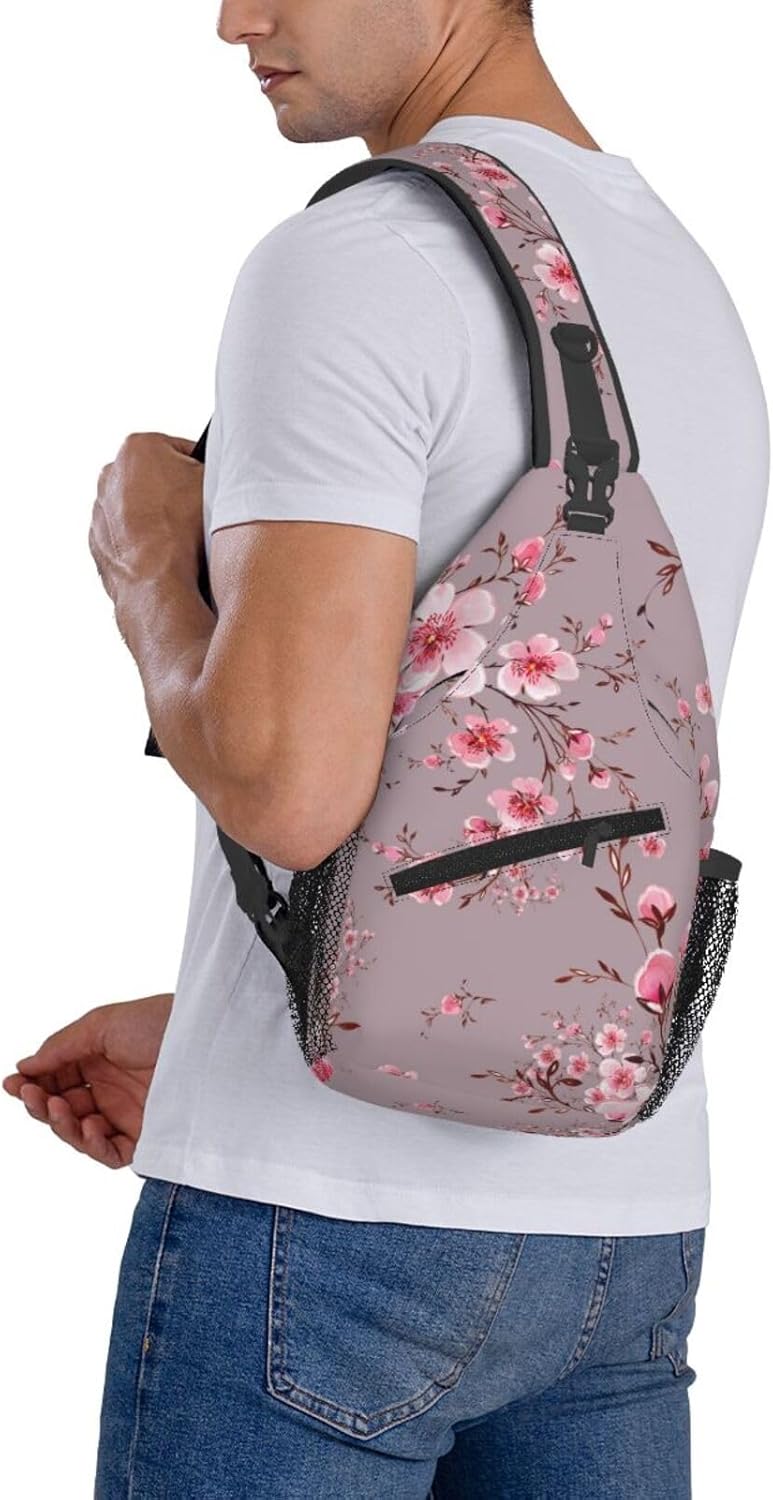 Pink Cherry Blossom Crossbody Sling Bag for Women Men Watercolor Hand Painted Blooming Branches Travel Sling Backpack Casual Shoulder Bag Beautiful Japanese Floral Print Hiking Daypack - Image 7