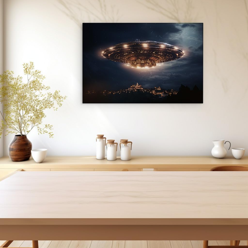 Canvas for Living room. Whispers of the Unknown: A City's Encounter with a Celestial Visitor, 27 x 18 inch Canvas Wall Art - Contemporary Masterpieces - Modern Home Decor