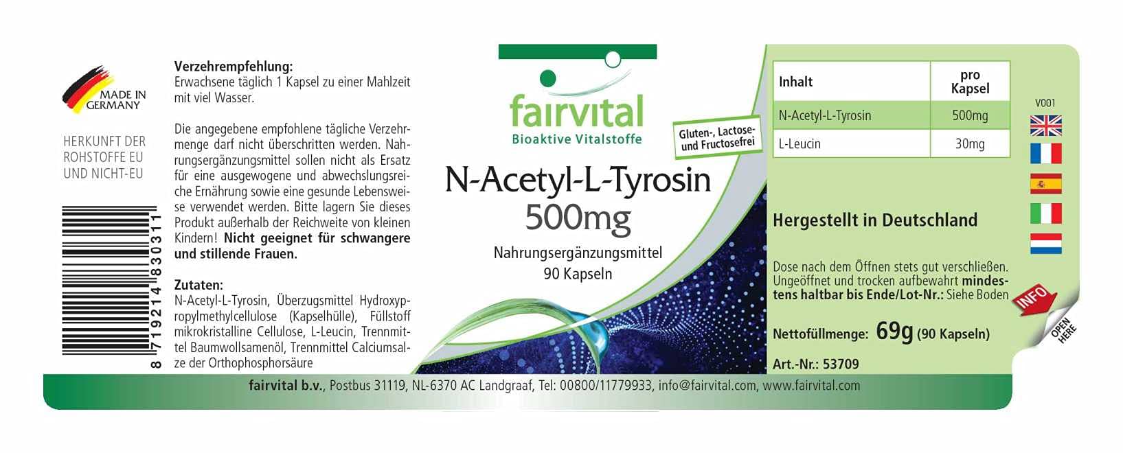 fairvital N-acetil-L-tirosina, 90 capsule NALT per 3 mesi, ad alto dosaggio, forma avanzata di L-tirosina