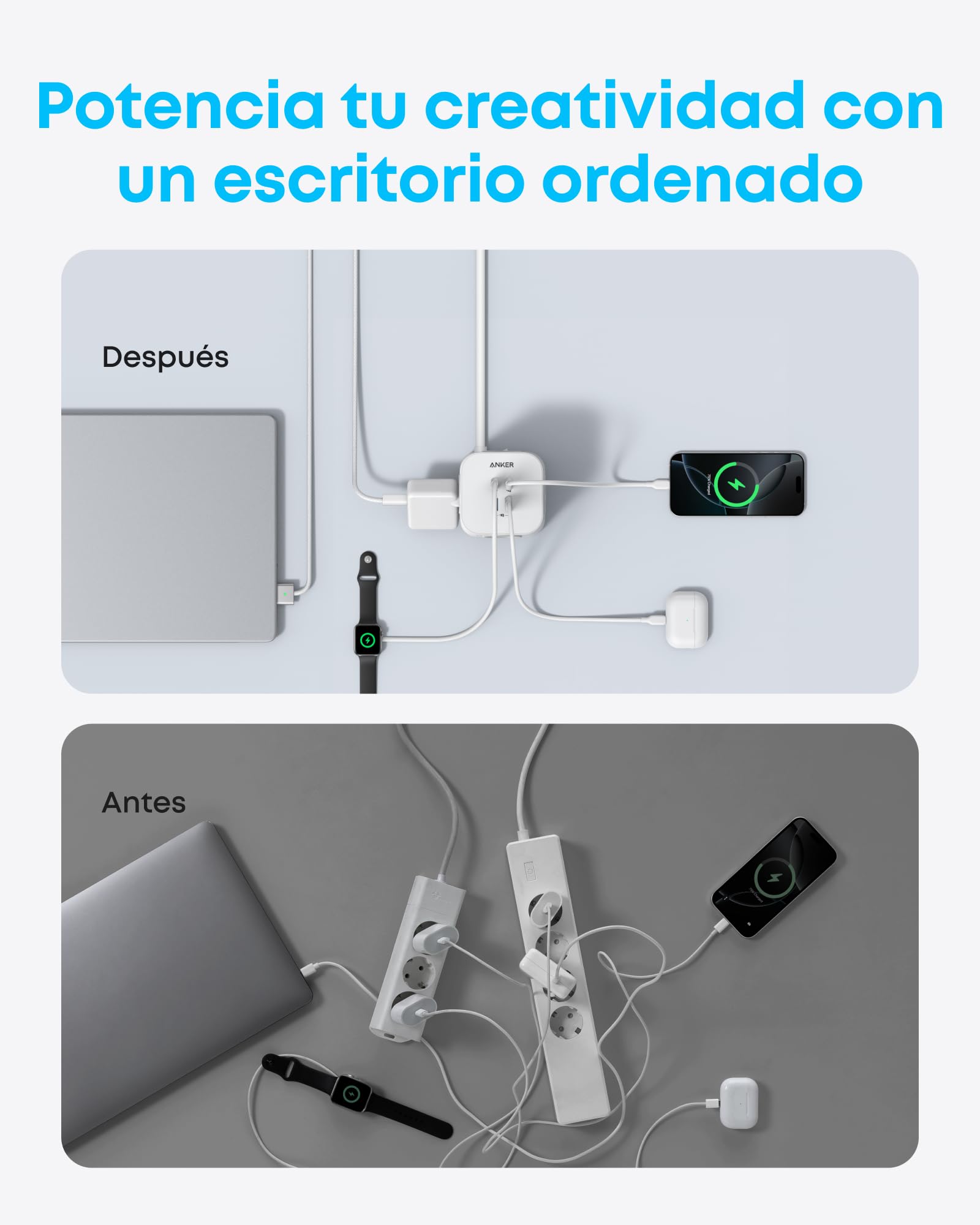 Anker Regleta de enchufes 12 en 1 con Protector contra subidas | 13 A, 2990 W, USB C 20W, 8 tomas CA, 4 puertos USB, cable de 2 m