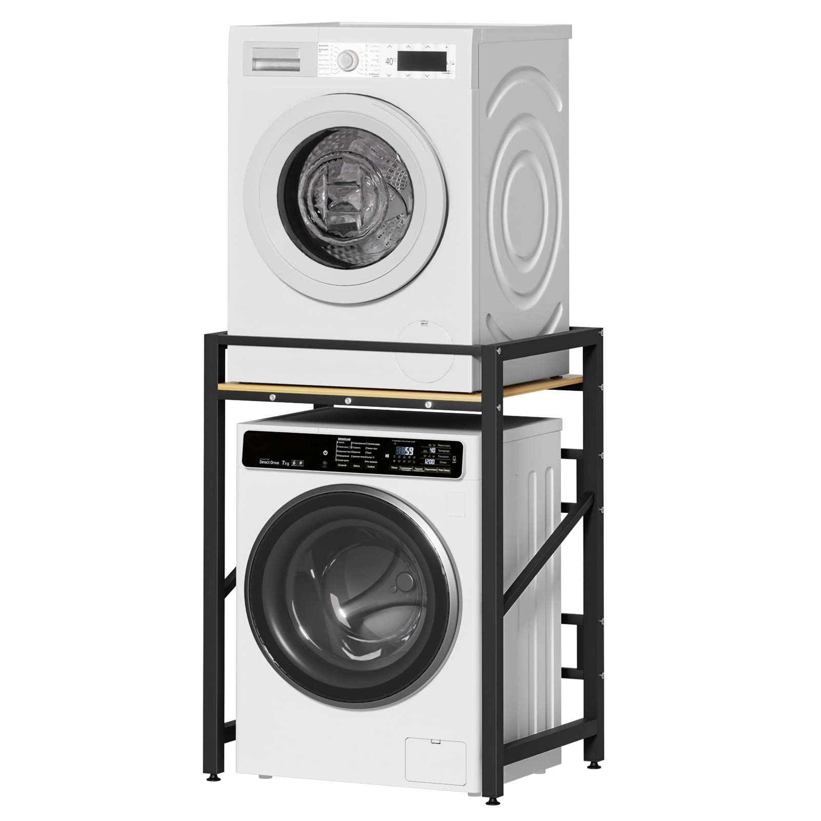 Bluethy Washer Dryer Stand, Washing Machine Stacking Shelf Kits, Height Adjustable Over Washer Storage Rack Unit, Tumble Dryer Stand Washer Shelf for Bathroom, Load Capacity 250KG Burlywood