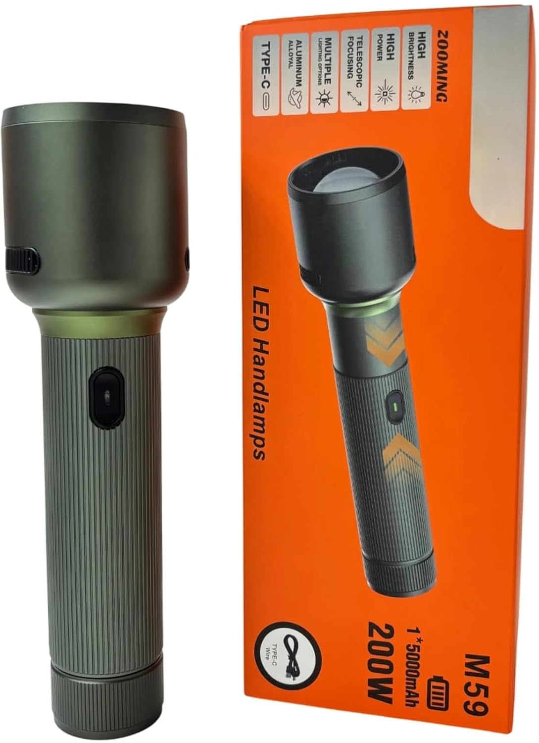 RL-M59 200W Rechargeable LED Torch Light with 5000mAh Battery, USB Type-C Fast Charging, Aluminum Alloy, Multiple Light Modes, High Power Flashlight for Security, Outdoor & Home Use, Green-image-37