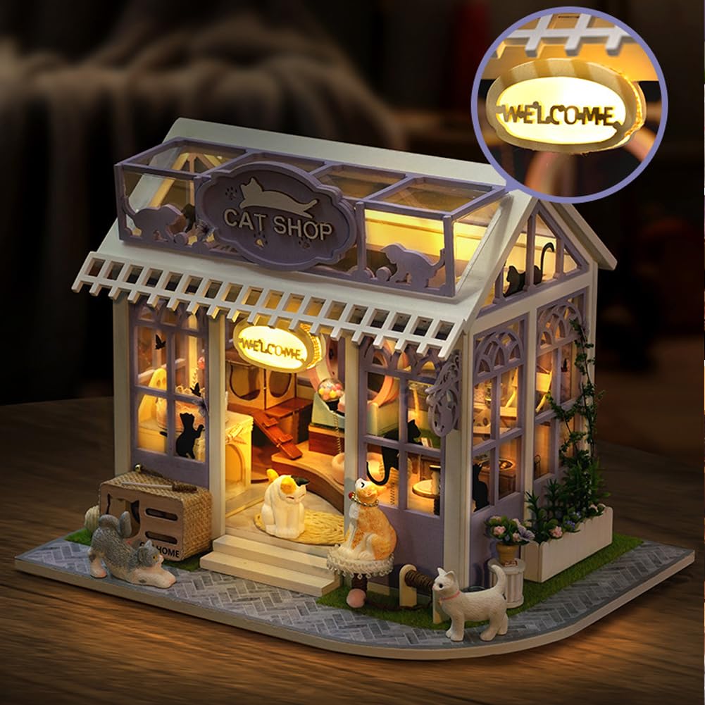 Kit fai da te in miniatura per casa delle bambole con luci a LED, negozio di gatti fai da te, in legno, per adulti, per costruire la casa delle bambole, decorazione per la casa, regalo di compleanno