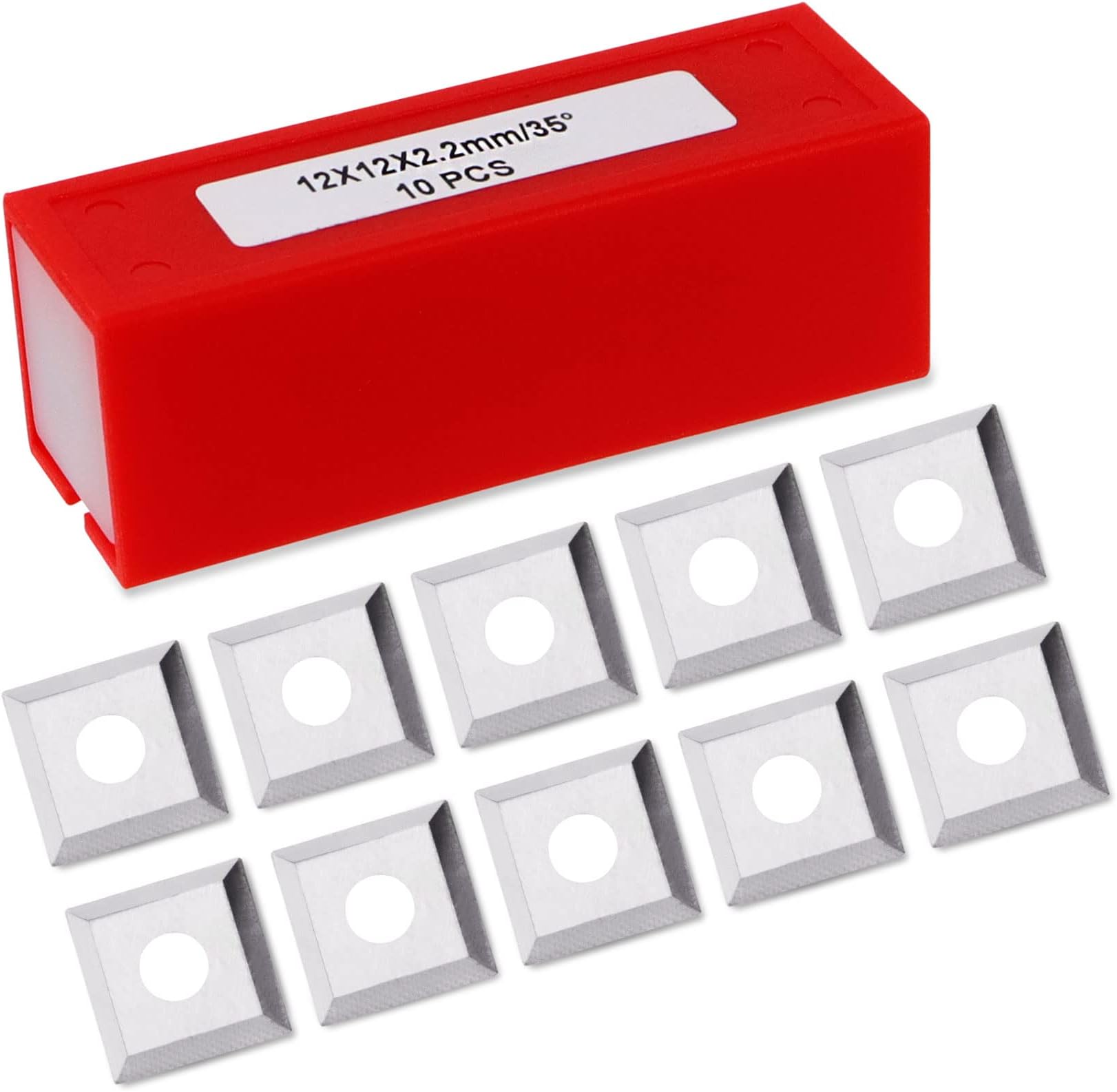 12mm Square Corners Carbide Inserts, 12mm Length x 12mm Width x 2.2mm Thick, 35 Degree Cutting Angle, 4-Blade Straight Hole, Suitable for Replacing Helical Planer Cutter Heads, Pack of 10