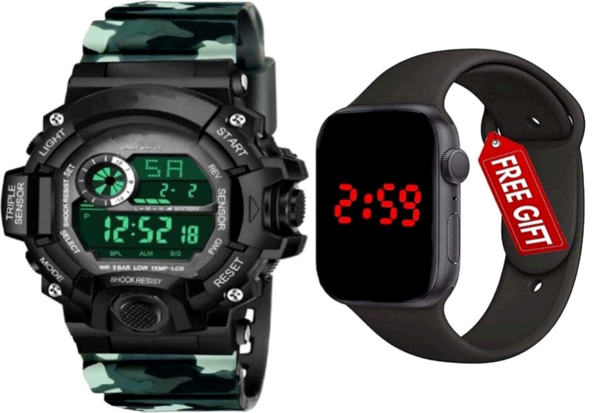 Acnos Rubber Premium Brand-A Digital Watch With Square Led Shockproof Multi-Functional Automatic Black Dial Green Army Strap|Waterproof Digital Sports Watch For Mens Kids Watch For Boys-Pack Of 2 (B08YRSZQYW) Amazon Price History, Amazon Price Tracker
