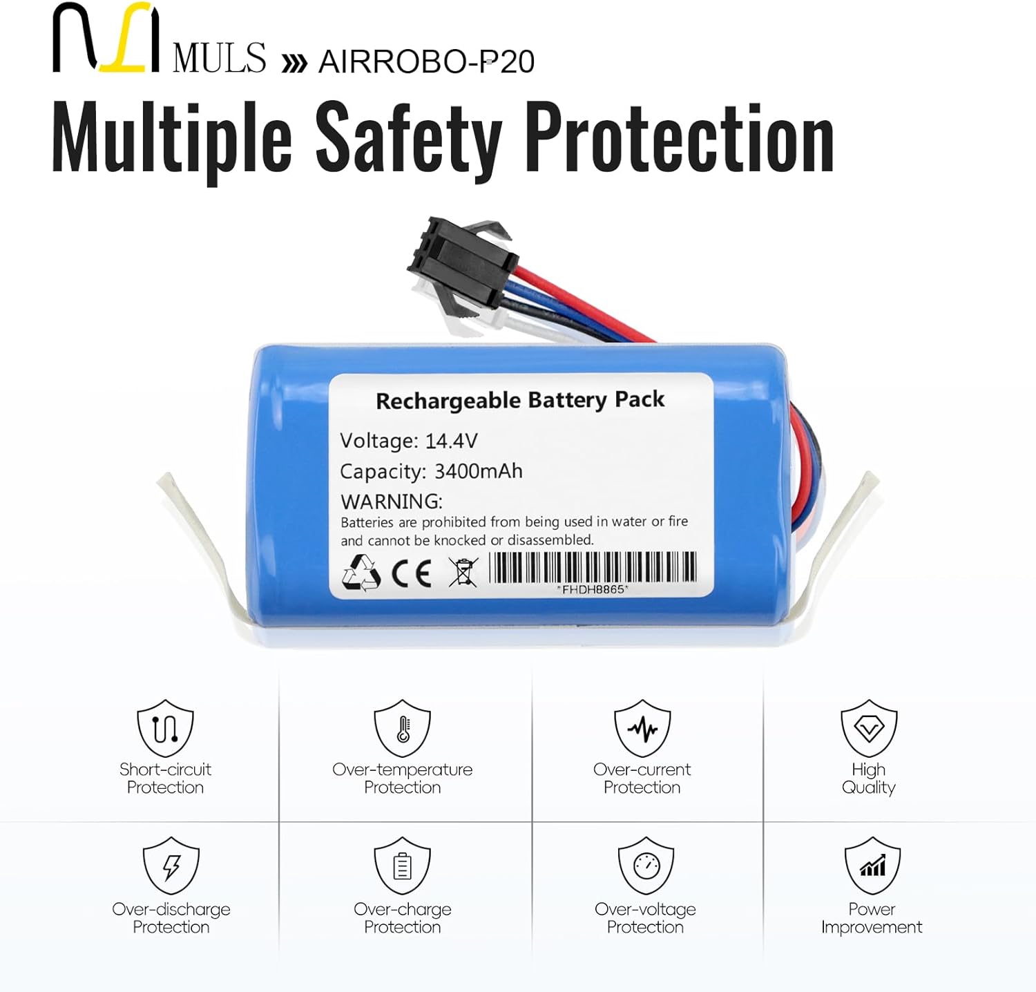 MULS 14.4V Robotic Vacuum Battery Replacement for AIRROBO P20 Airrobo 91069 G40 G30 Series RoboVac 11,11S, 11S Plus, 11S MAX,12,15C MAX,15C,G10 Hybrid, G20,G35,G35+ Bagotte BG700 Robot Vacuum Cleaner