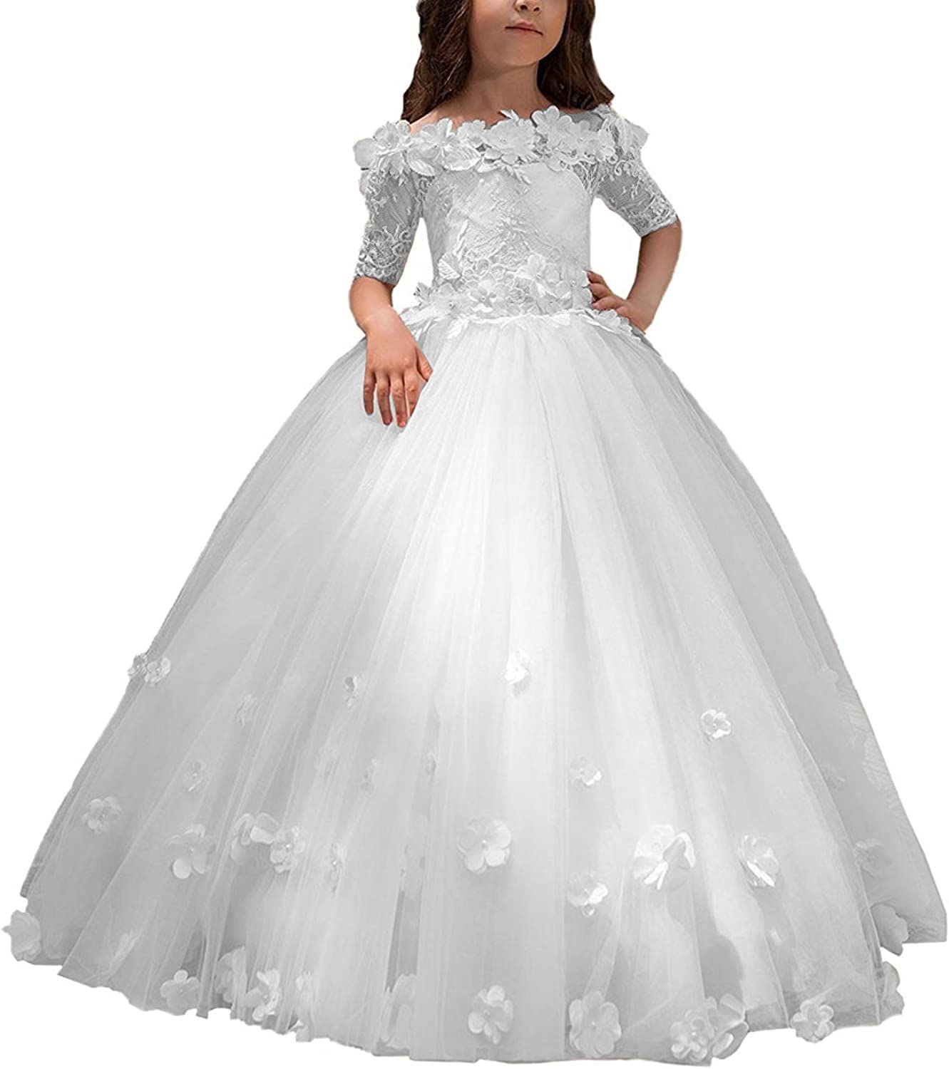 Vestidos de niña de Las Flores de Encaje para la Boda Vestidos de Primera comunión de Manga Corta con Hombros Descubiertos Vestido Formal de Fiesta para niñas