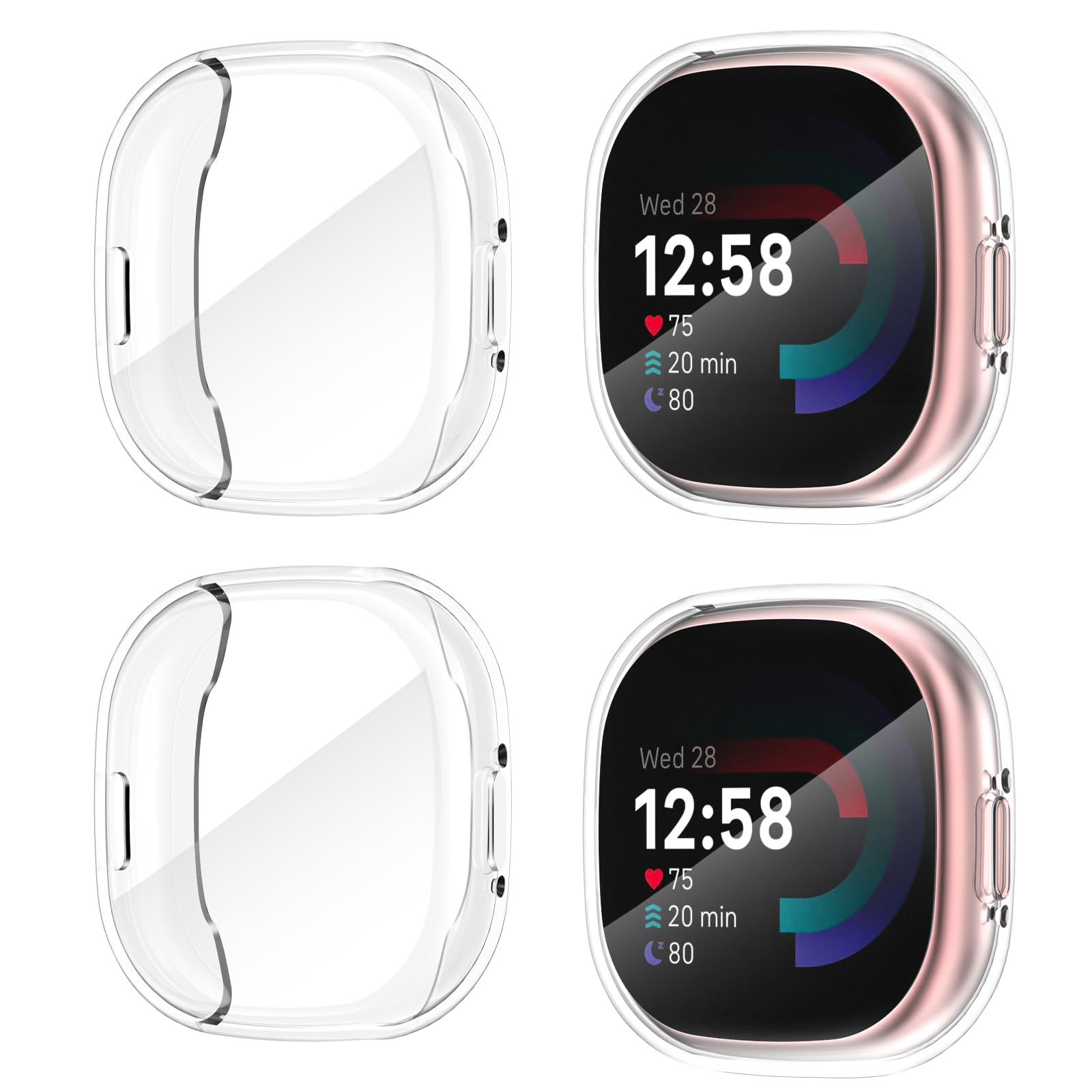 EWUONU 4-Pack Clear Case Compatible with Fitbit Sense 2/Versa 4, Ultra-Thin Soft TPU Anti-Scratch Screen Protector, Full Protective for Daily Use & Sports Activities