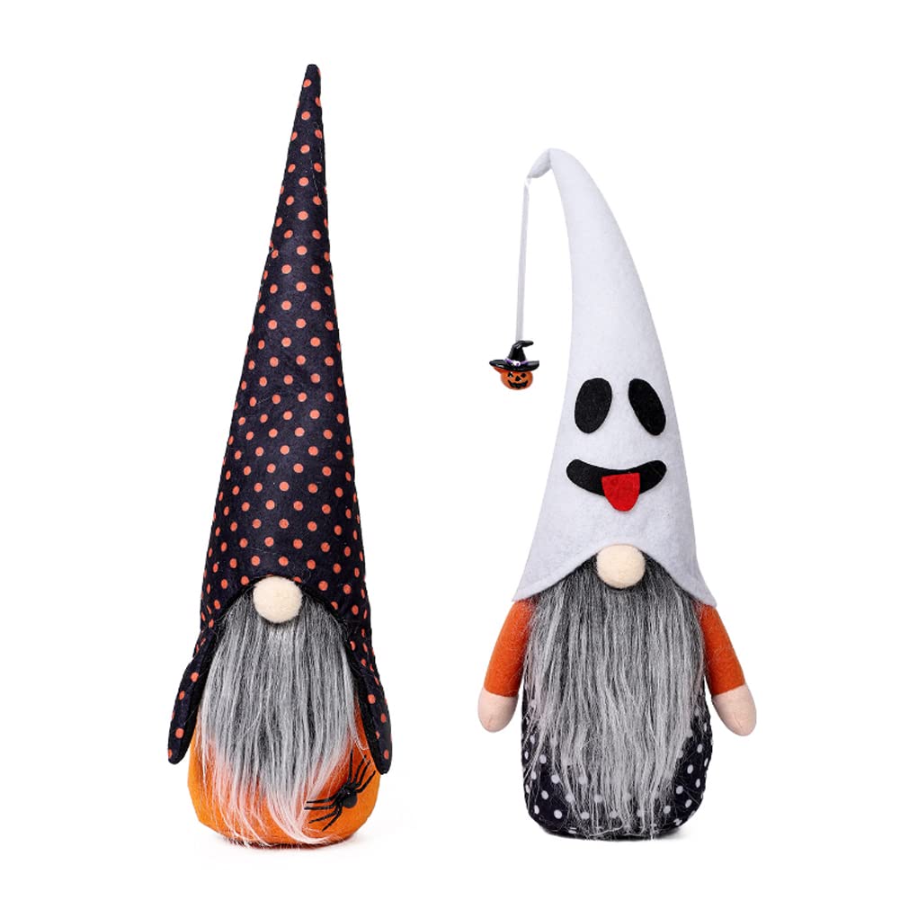 Autumn Gonk Gnomes Plush, 2 Pcs Witch Gnomes Plush Halloween Decorations, Holds Pumpkin Jack-O-Lantern Scythe with Spider Ghost Hat Swedish Tomte Elf Doll Halloween Decor