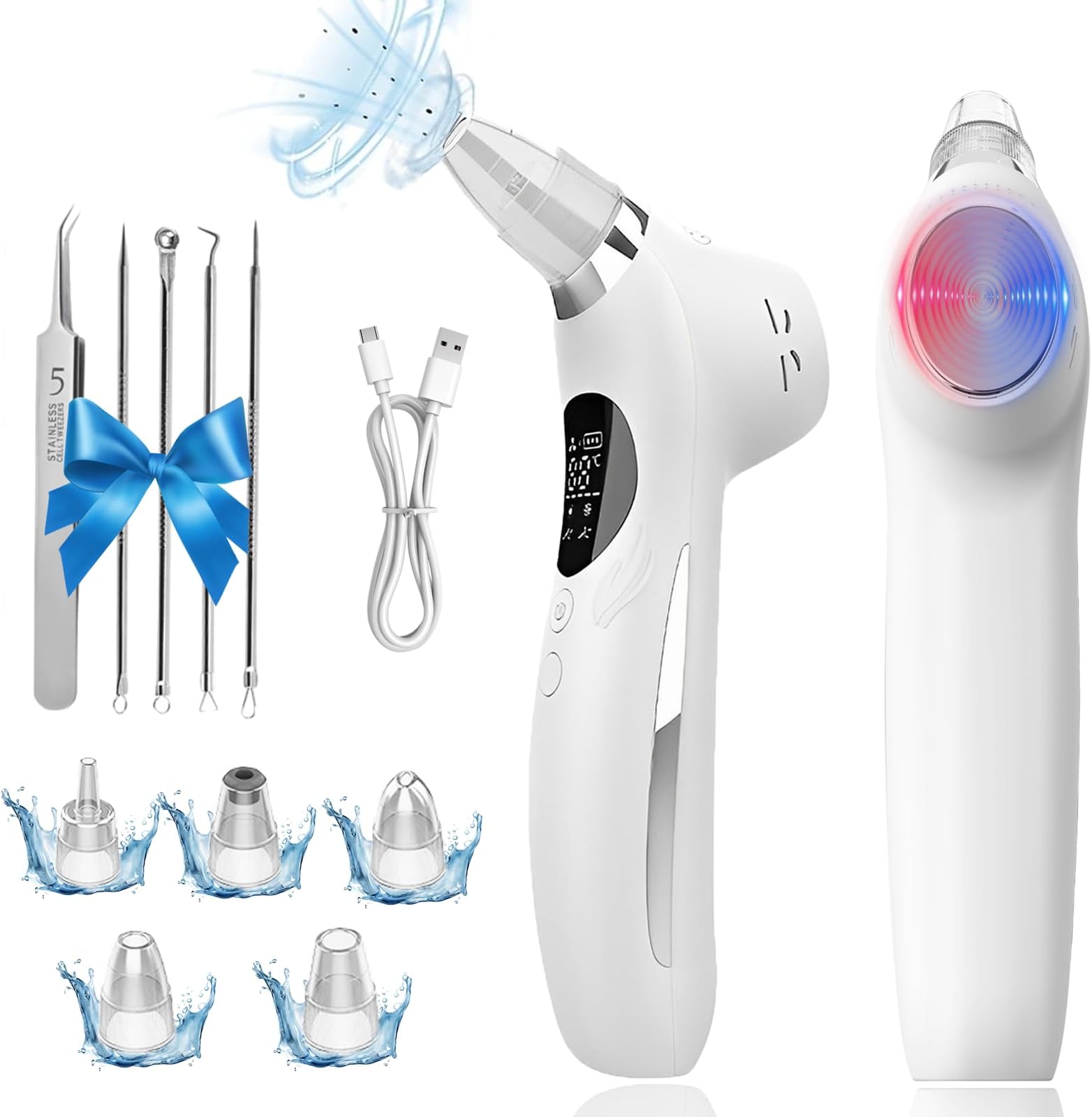 Blackhead Remover Vacuum Face Suction Pore Cleaner with Hot&Cold Compress Positive&Negative Ion Massage Nose Whitehead Remover Pimple Sucker with 5 Probes Pore Extractor Tool… (White)