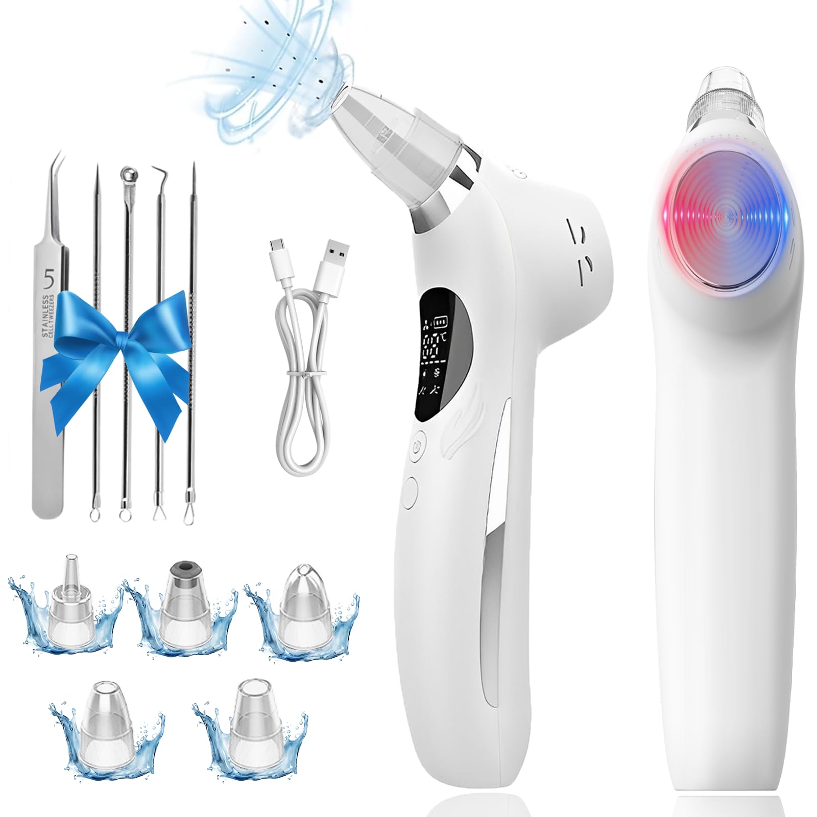 Blackhead Remover Vacuum Face Suction Pore Cleaner with Hot&Cold Compress Positive&Negative Ion Massage Nose Whitehead Remover Pimple Sucker with 5 Probes Pore Extractor Tool… (White)