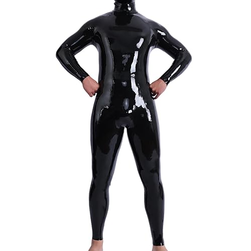 SMITIZEN Latex-like Silicone Catsuit Glossy Neck Entry Bodysuit for Men, One Piece Jumpsuit Zentai Clubwear Halloween Costume - Black