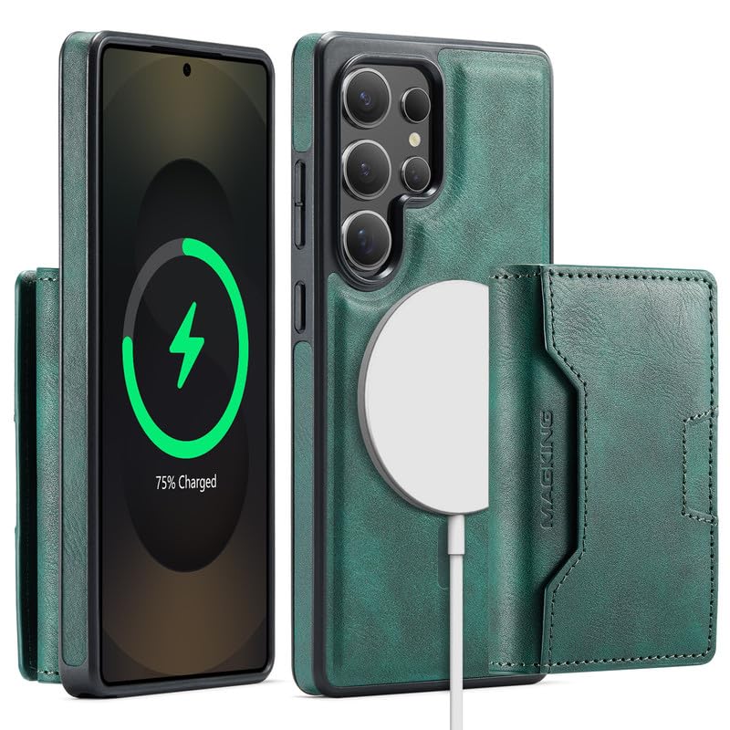 Funda magnética 2 en 1 para Samsung S23 Ultra con bloqueo RFID y carga inalámbrica verde