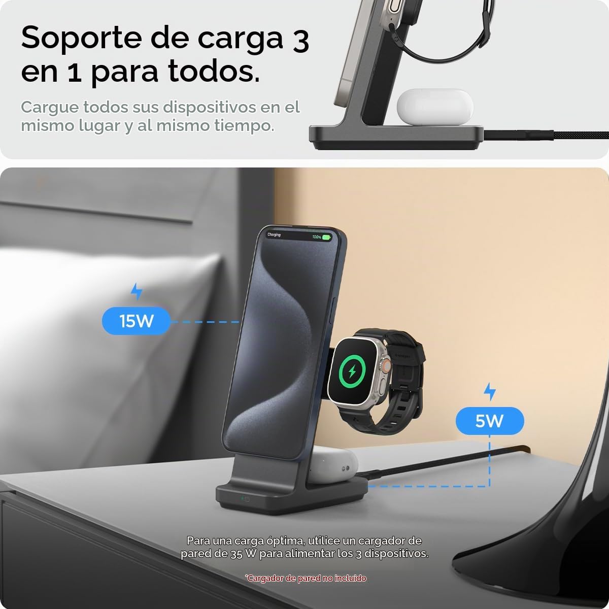 Spigen OneTap Pro 3 MagFit Soporte de MagSafe Carga Inalámbrica Rápida 3 en 1, Modo Standby iOS 17, Compatible con Modelos de iPhone 16,15,14,13,12, AirPods Pro 3 - Negro