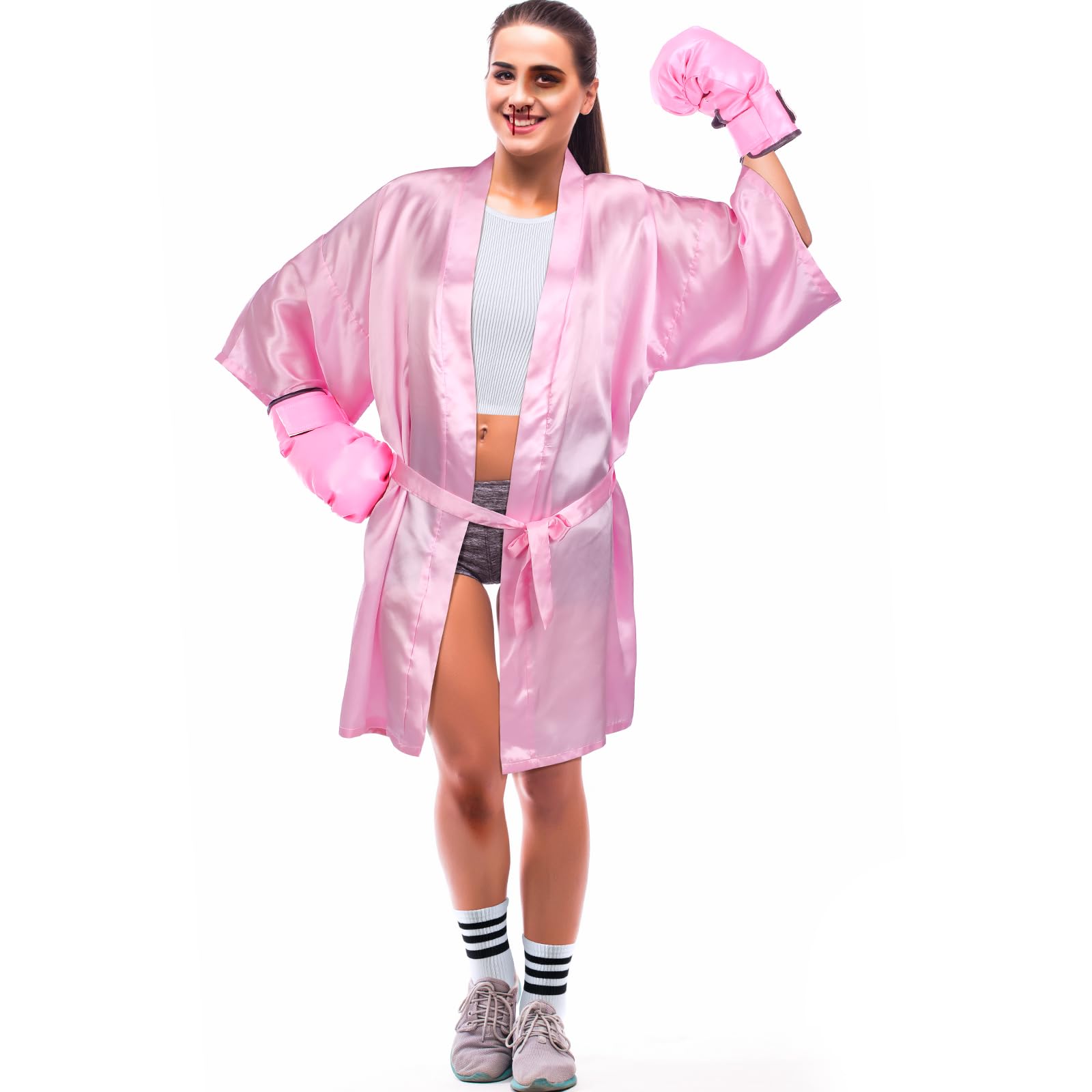 Maiteenly 5 Pcs Halloween Boxing Costume Set for Adult Women Pink Boxer Costumes Set with Satin Boxing Robe Face Paint