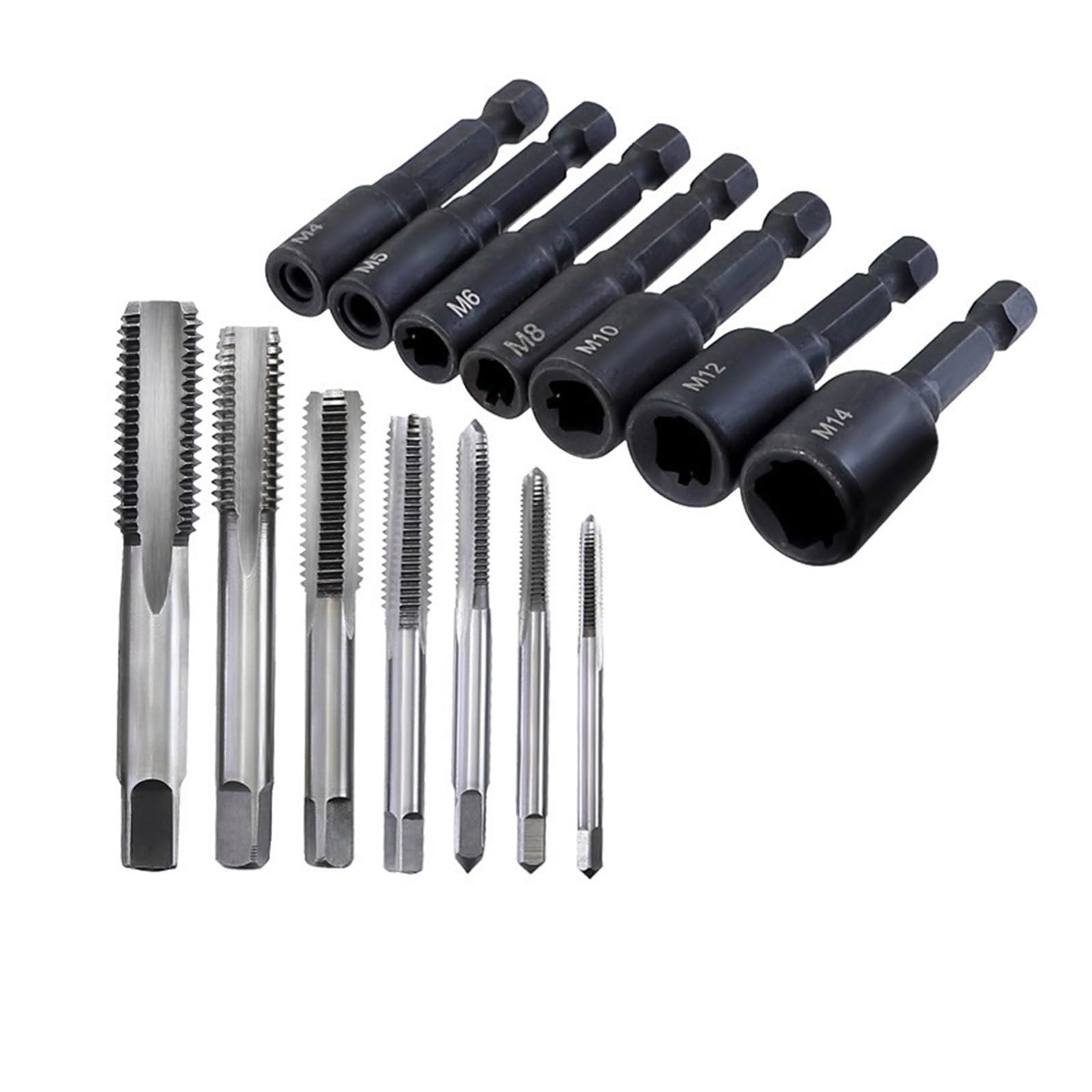 NZBZTANNAP 14pcs 1/4 Hex Shank Thread Tap Socket Adapter M4-M14 HSS Straight Fluted Screw Tap for Machine Tapping Threading Tool Socket Socket
