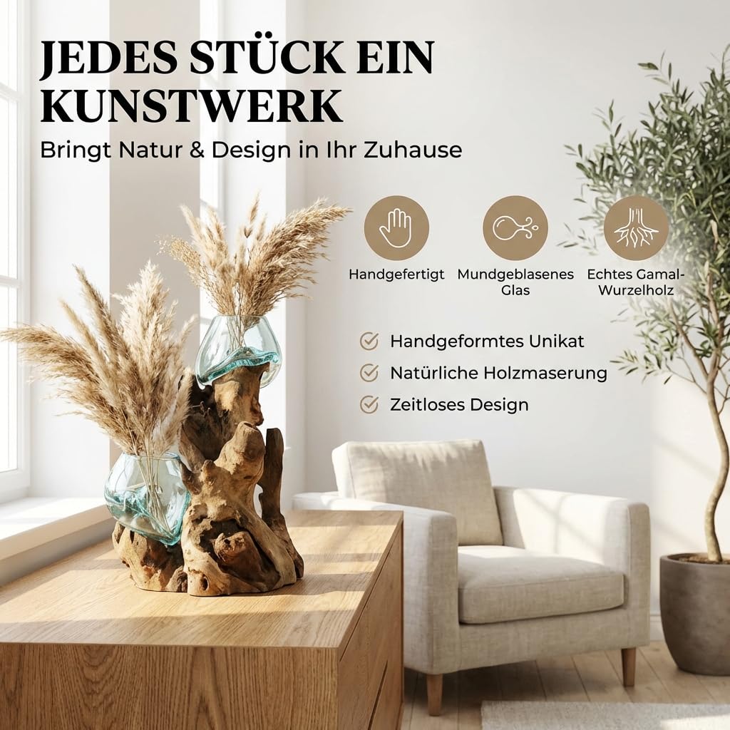 Doppel Glas-Vase auf Wurzel-Holz Gamal - Ø Glas 9-10 cm Handarbeit, Unikat aus Holz als Geschenk-Idee zur Dekoration Do10L
