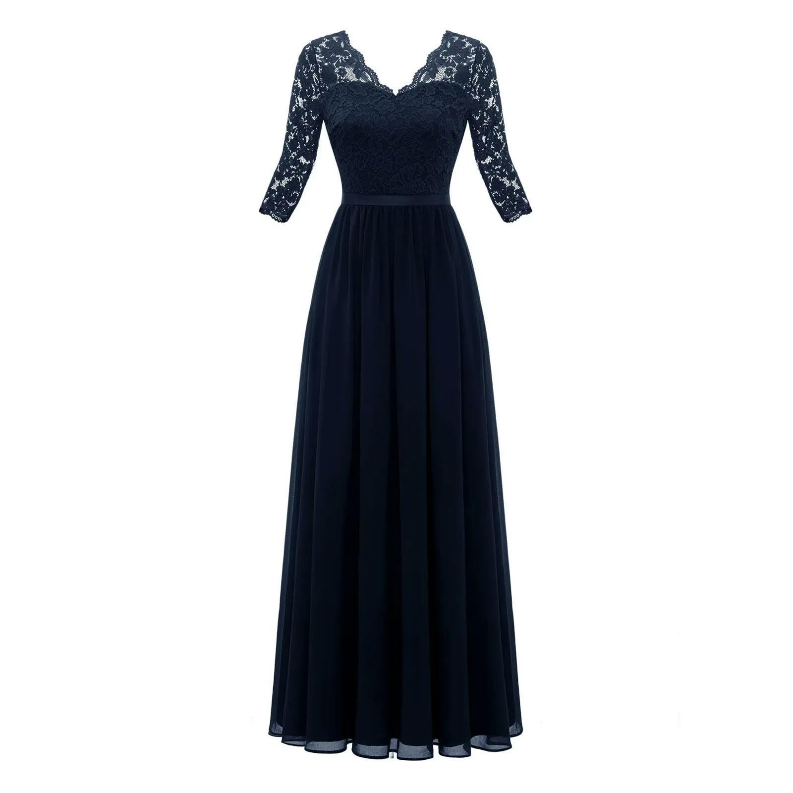 Elegante Vestido de Gasa de Encaje para Mujer, Vestido Largo Liso de Manga 3/4, Hueco, de Fiesta Grande, Corte A, Vestidos Formales para Bata de Invitados de Boda-Beige-L
