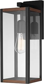 GLOBE Electric 44681 1-Light Outdoor Indoor Wall Sconce, Matte Black, Faux Wood Accents, Clear Glass Shade, Back Porch Lights, Front Patio, Garage Fixture, Exterior Lighting for House