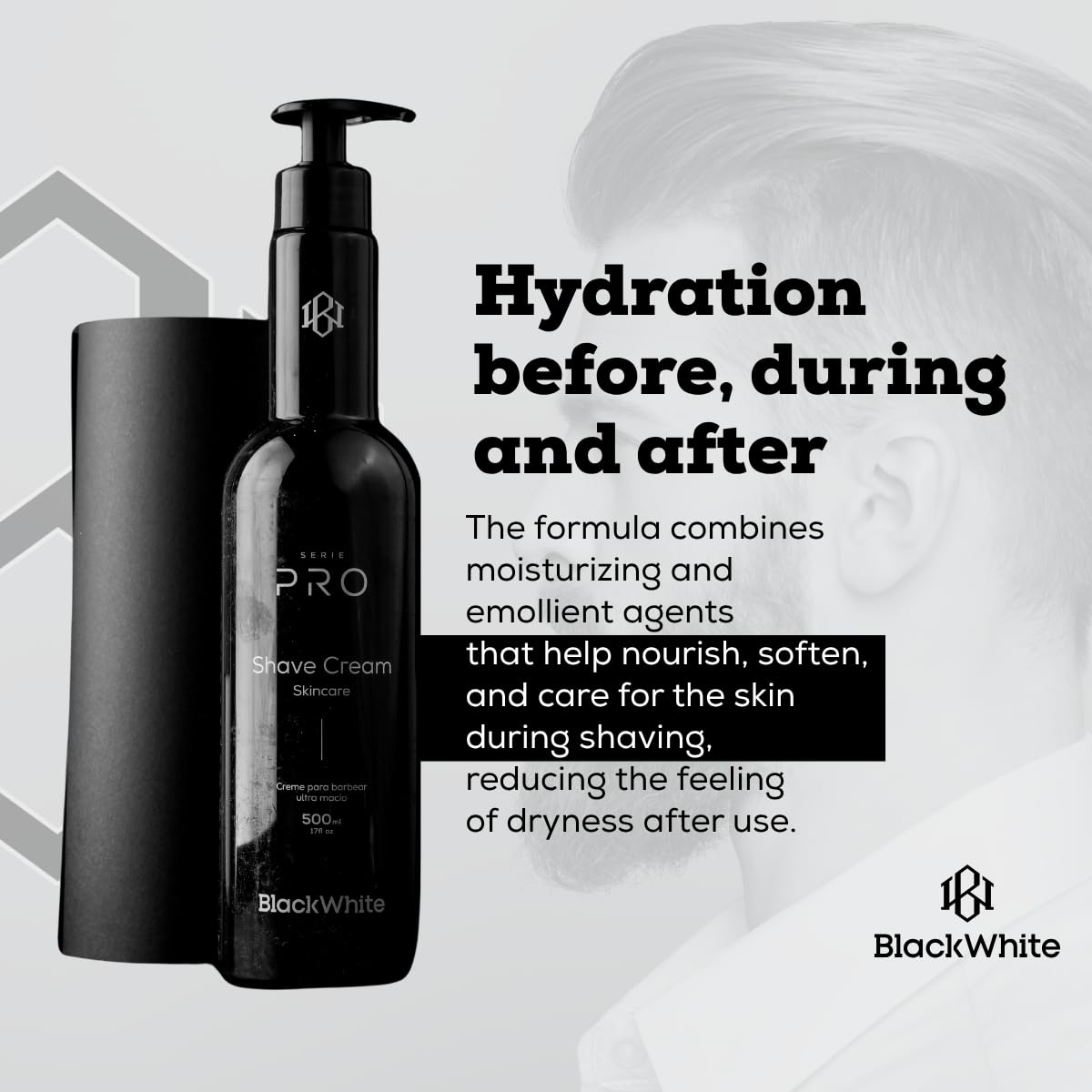 Black White Shave Cream PRO for Men, Shea Butter, Helps Prevent Razor Burn