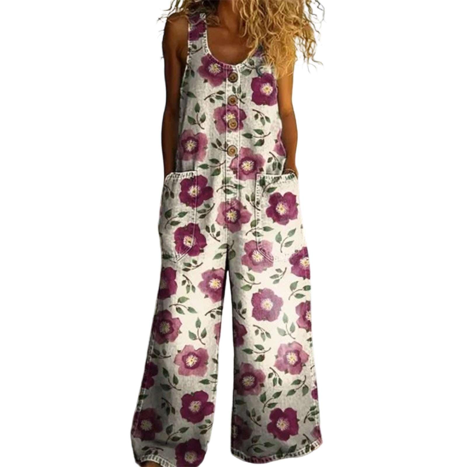 Peto Vaquero Mujer Verano Bohemio Floral Holgado Sin Mangas Overol Casual Playa