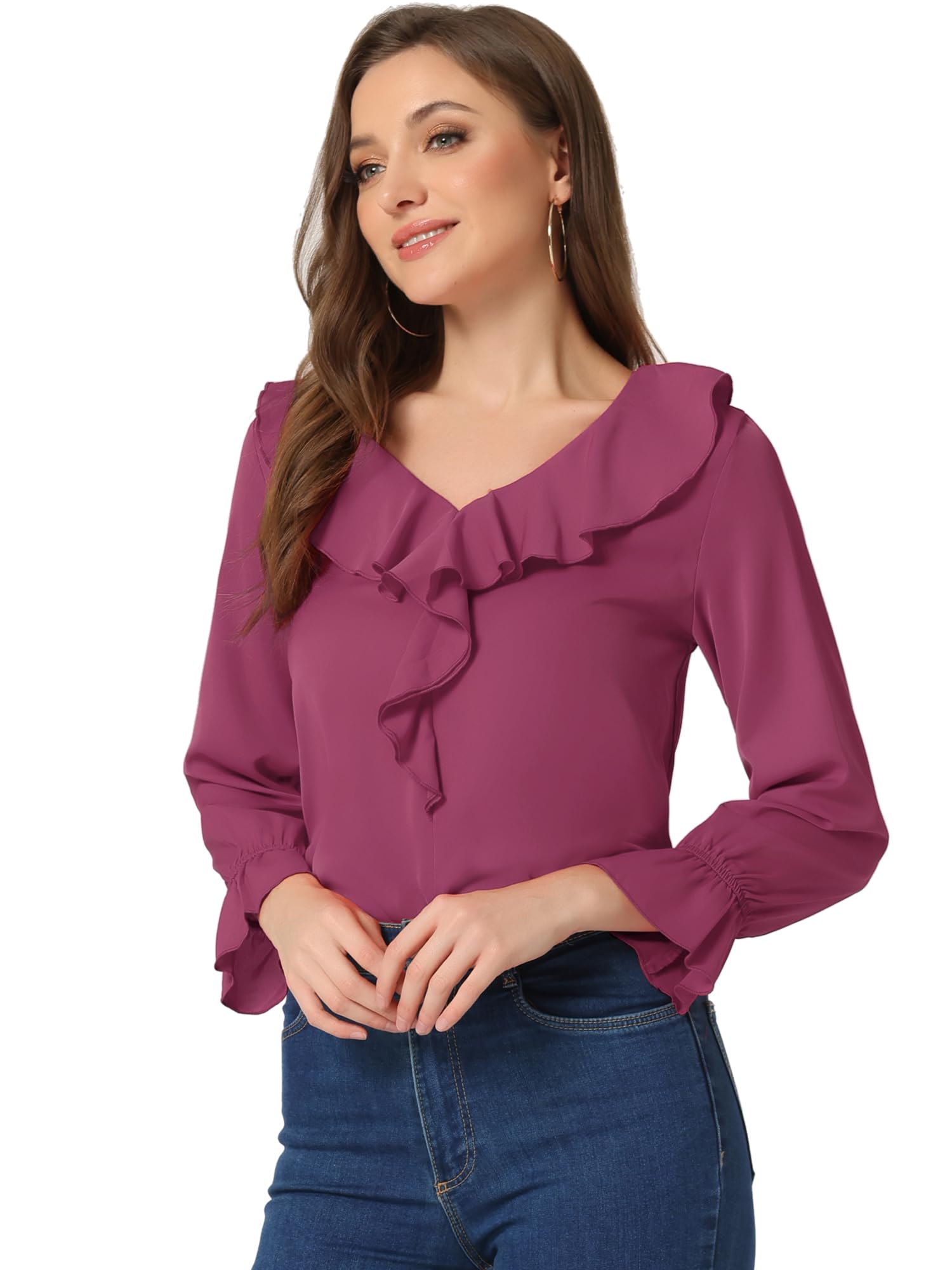 Allegra K Blusa de gasa campesina para mujer, cuello en V, elegante blusa de trabajo de oficina