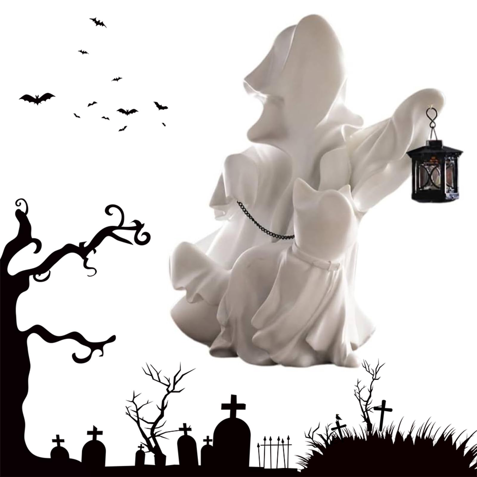 Halloween-Harz-Geist- und Katzenfigur for Wohnzimmer, Büro, Zuhause, 25 cm | Geister- und Katzenstatue aus Harz for Halloween und saisonale Heimdekoration
