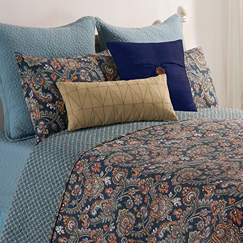 C&F Home Middleton Blue Paisley Geometric Print Green Full/Queen Cotton Machine Washable Reversible Quilt Full/Queen Navy