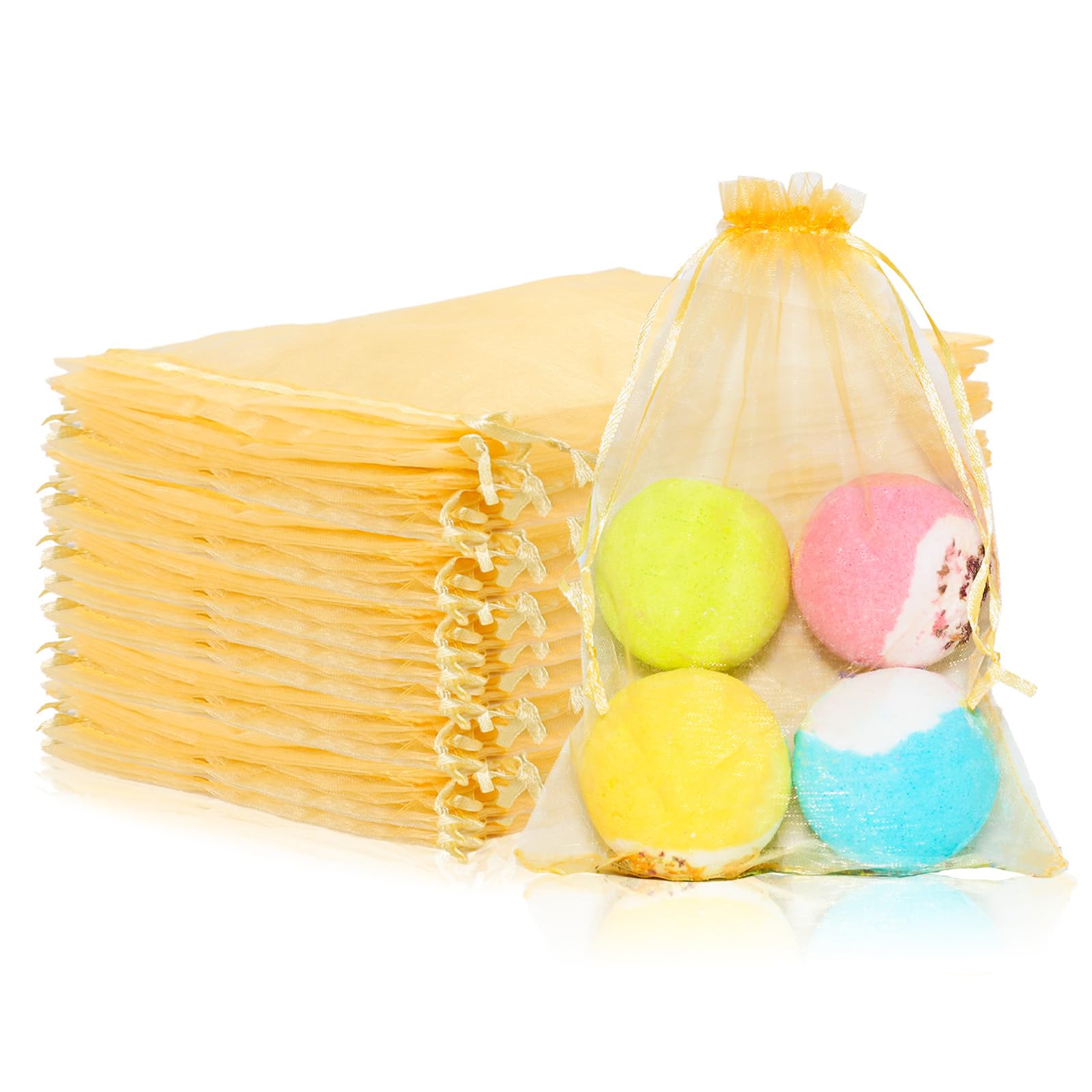 Mstar Pack 100 Pcs Organza Bags, Grey Sheer Organza,Wedding Favor with Drawstring,Jewelry Gift Bag for Party, Jewelry, Bathroom Soaps (Gold, 6.69 * 9.06 inch)