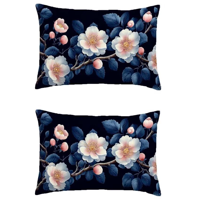 Taie oreiller décoration maison 70x90 aspect lin double face motif floral noir