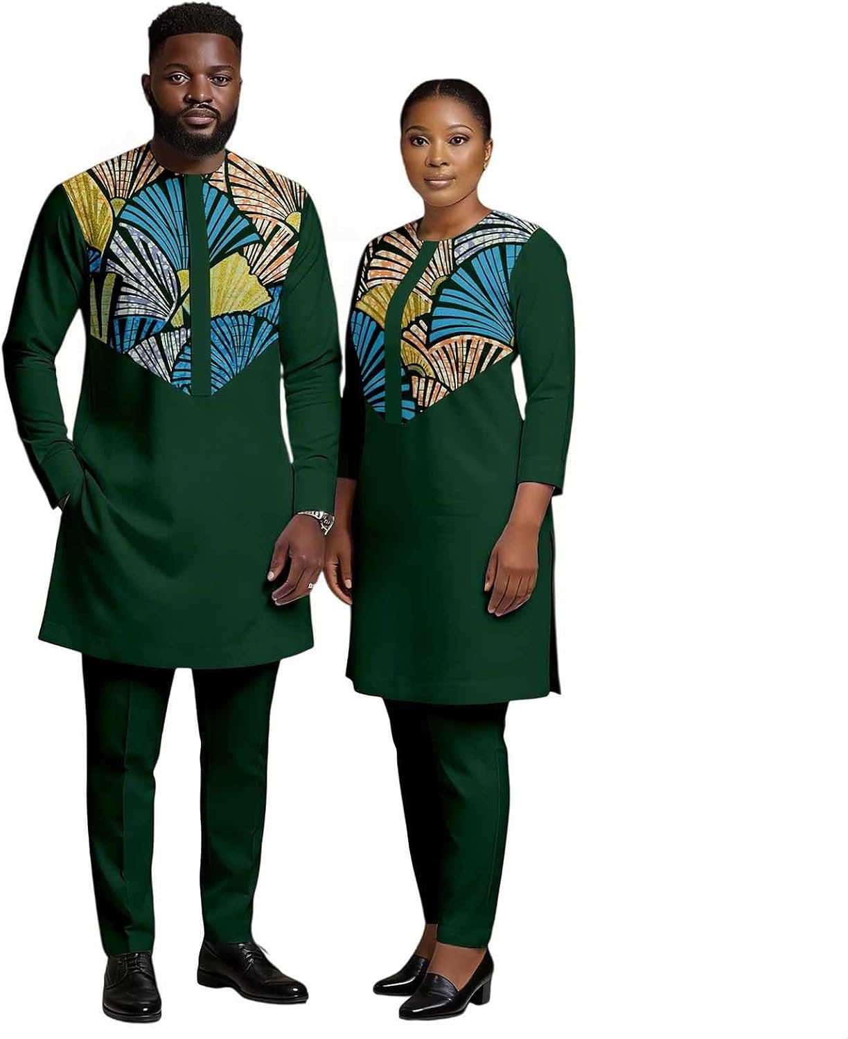 African Print Wax Couple Set Matching Long Sleeve Tunic & Pants for Men Women, Vibrant Ankara Style
