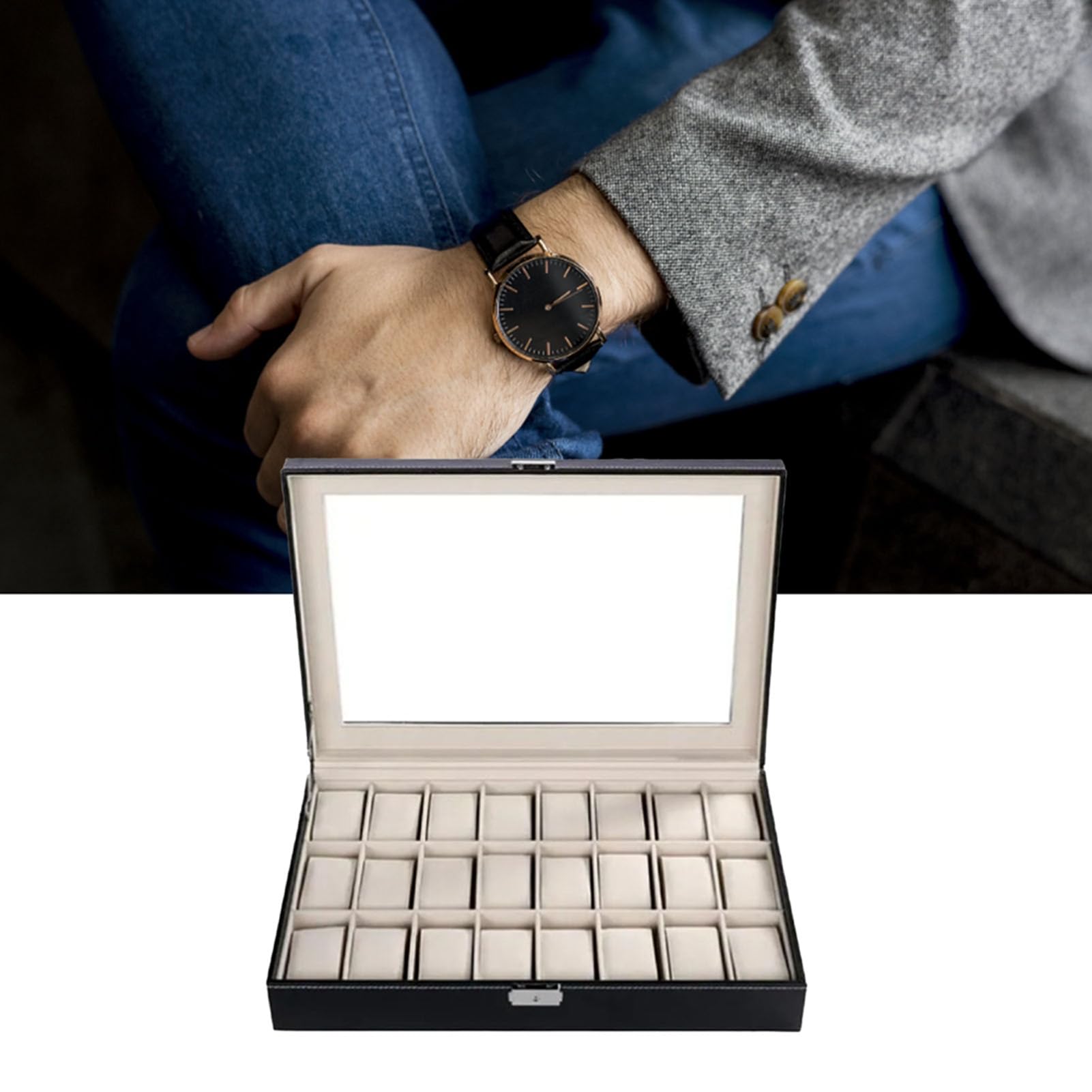 SYH&AQYE Organisateur de Boîte à Bijoux pour Hommes et Femmes, Boîte de Rangement de Montre Étanche à 24 Emplacements, Étui de Rangement de Montre en Cuir PU pour Montres Lunettes de Soleil Bagues