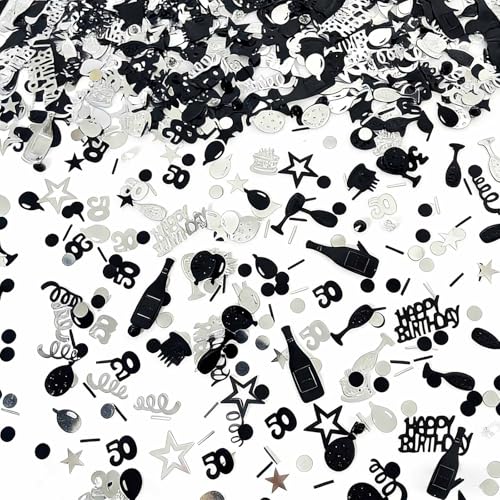 WEIKA 50th Black Silver Happy Birthday Confetti, Birthday Decorations Confetti Metallic Foil Table Scatter Decorations for Birthday Party, Baby Shower Decor for Boys Men, DIY Arts and Crafting