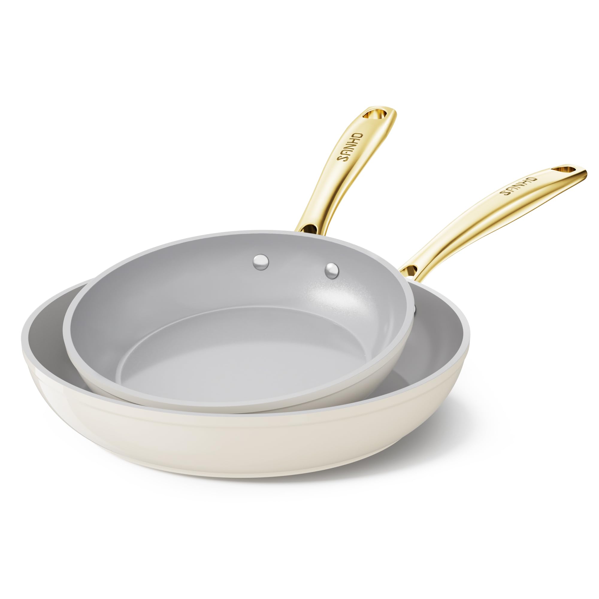 Sanho 2-Piece Non Stick Frying Pan Set 20cm & 26cm, Diamond-Titanium Ceramic Coating, PFAS & PFOA Free, Stay-Cool PVD Handle, Oven Safe, Induction Compatible, Beige White