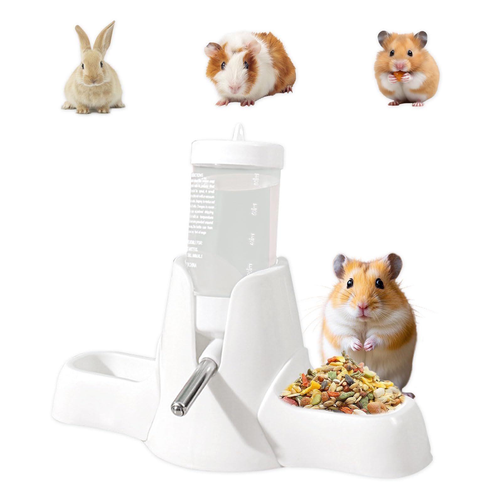 Bouteille D’Eau pour Hamster 80 ML Blanche, Distributeur Automatique 3 en 1 avec Double Bol et Support, sans Fuite pour Hamster, Lapin, Cochon D’Inde, Chinchilla et Autres Petits Animaux