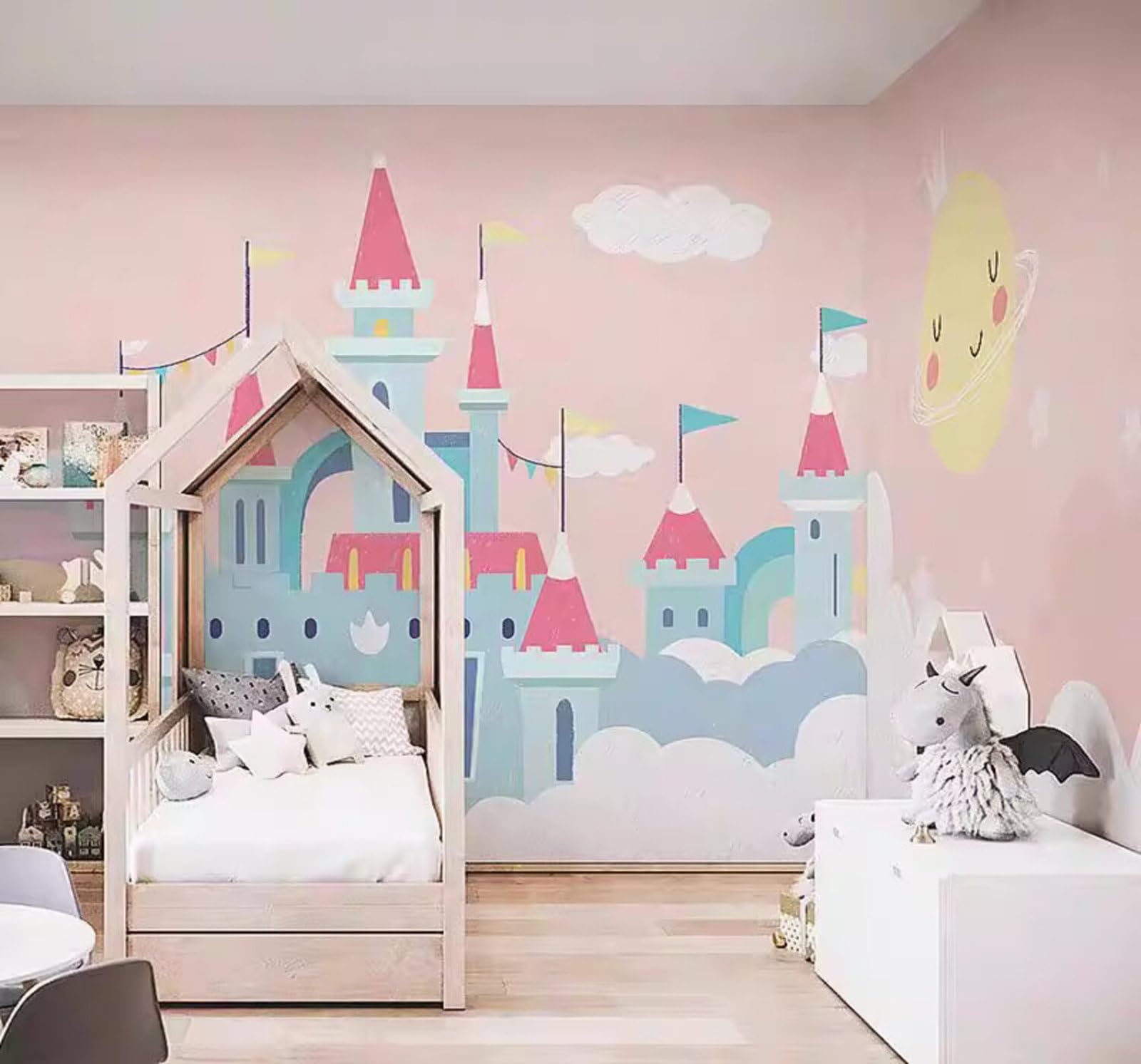 Cartoon Pink Castle Dreamy Cosy 3D Wallpaper Easy Install Feature Office Living Room Sofa Bedroom TV Background Wall Decoration-150cm×105cm