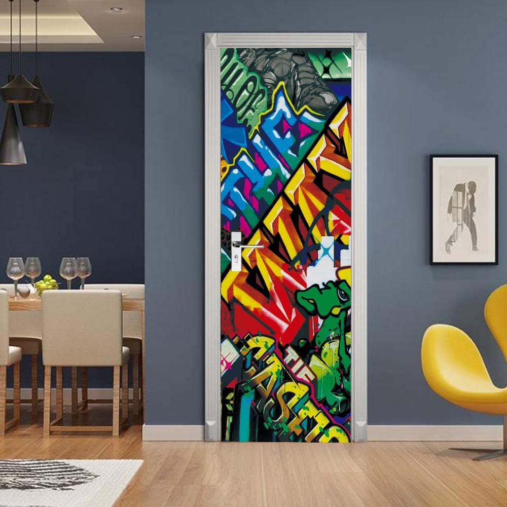 3D Colorful Graffiti Letters Door Stickers Peel and Stick Door Wallpaper Wall Murals for Living Room Bedroom Decoration 90 X 200 Cm - Door Wallpaper Kids Room Door Poster Decorative Door Art Door Wal