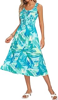 Womens Dresses Floral Boho Casual Ruffle Sleeveless Square Neck A Line Beach Vacation Swing Midi Sundress